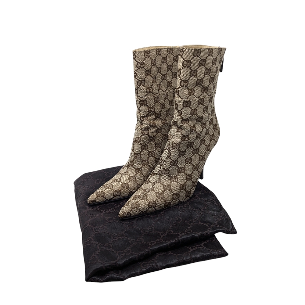 Gucci Signature Calf High Pointed Brown & Beige Monogram Heeled Boots Sz EU 38.5 - Picture 12 of 12